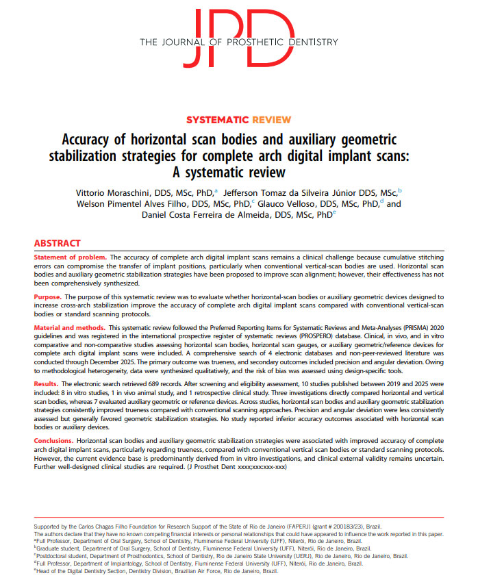 Accuracy of horizontal scan bodies and auxiliary geometric stabilization strategies for complete arch digital implant scans: A systematic review